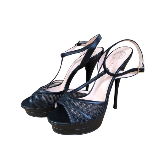 Versace Black Leather T-Strap Platform Sandals Size 40/9.5 US Nwot & No Box - Picture 3 of 10